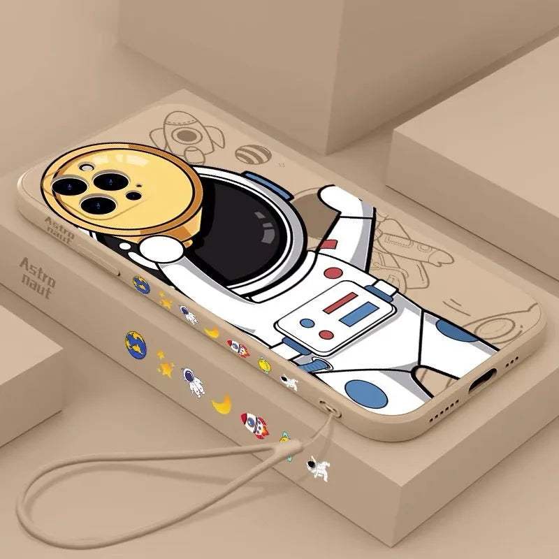 Cartoon astronaut and planet design on a black silicone phone case for iPhone.
