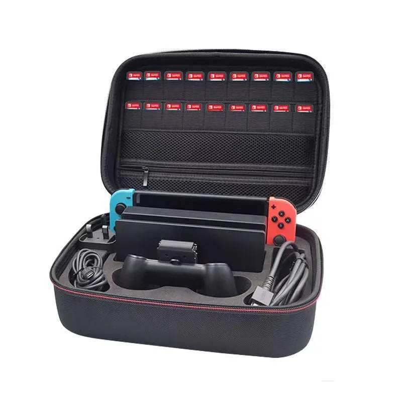 Black EVA hard-shell game console accessory storage bag shown with controllers and cables inside.