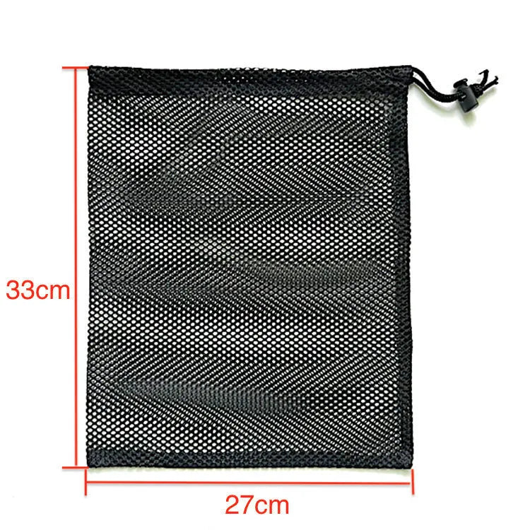 Black drawstring mesh storage bag showing grid fabric and three size options for toy organisation.
