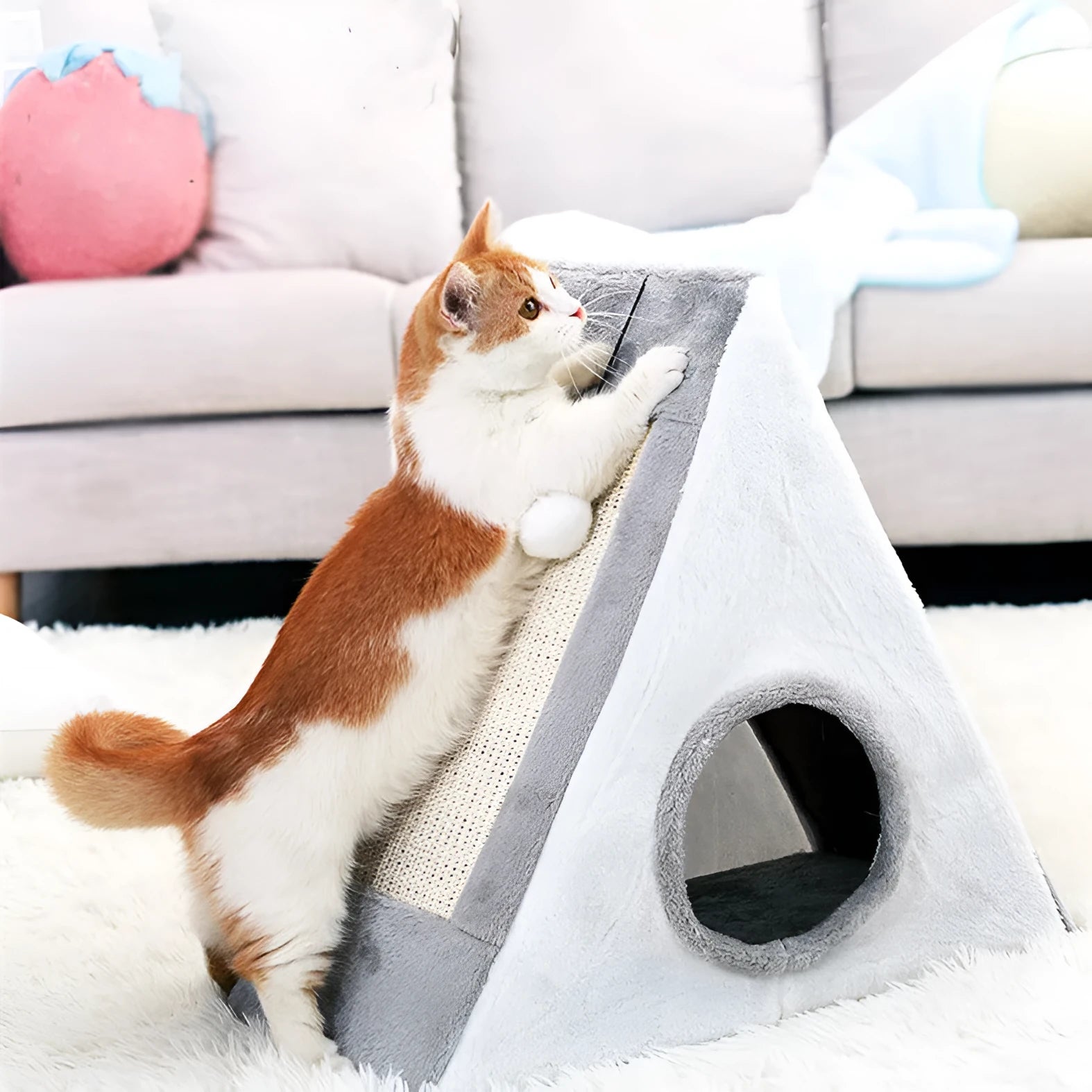 Grey-white triangle cat claw sisal toy with geometric platform design and plate fur material
