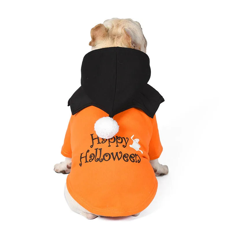 Halloween pumpkin two-piece dog sweater and shawl set in black and orange colours