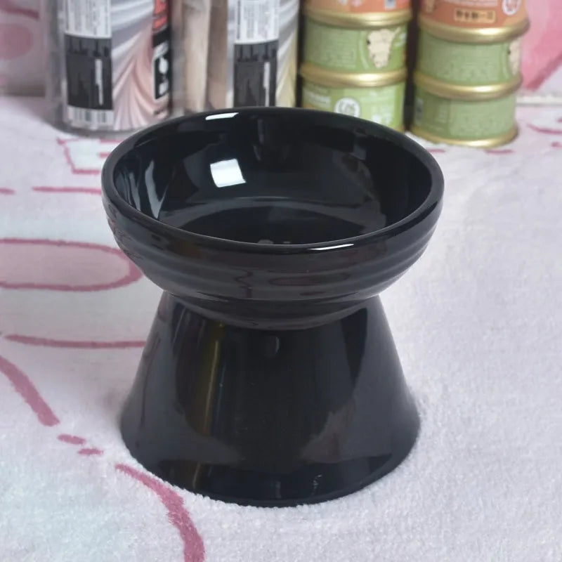 Black ceramic pet bowl with chin-high foot and neck protector anti-tumble design for cats and dogs