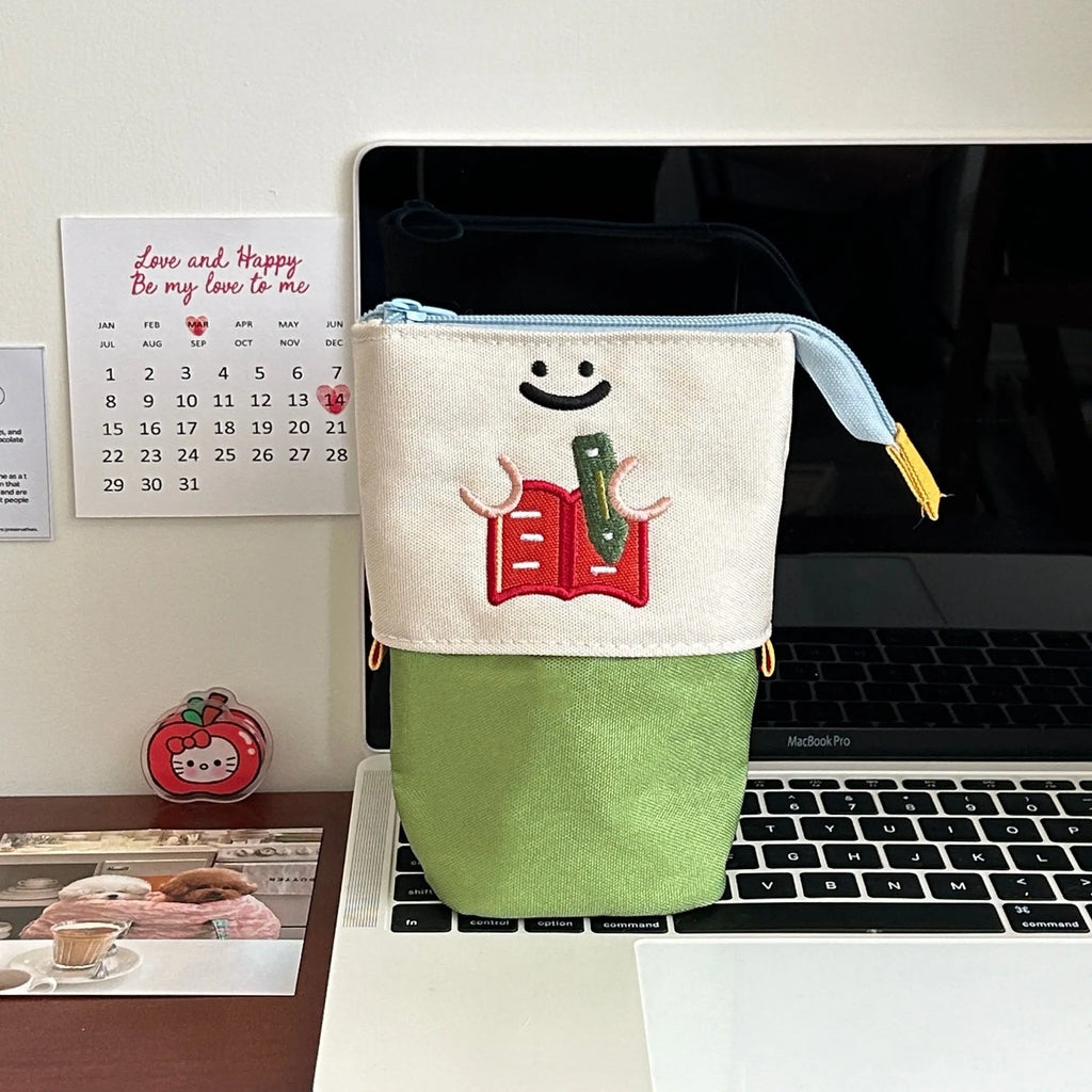 Cartoon printed collapsible pencil case in brown or green colour with zip closure