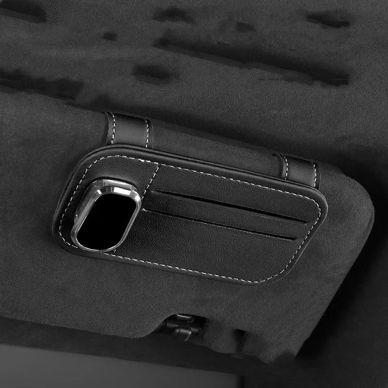 Cowhide leather automotive sun visor card holder with glasses clip in various colours.