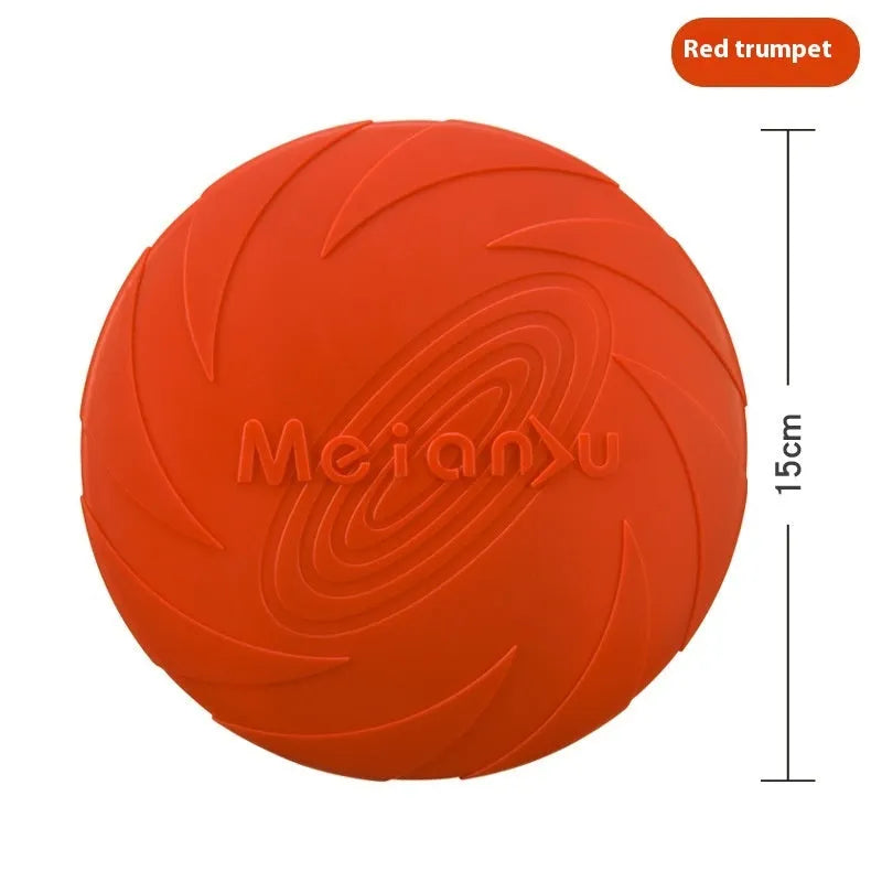 Soft rubber dog frisbee toy for outdoor fetch, shown in three sizes and red, blue, green colour options.