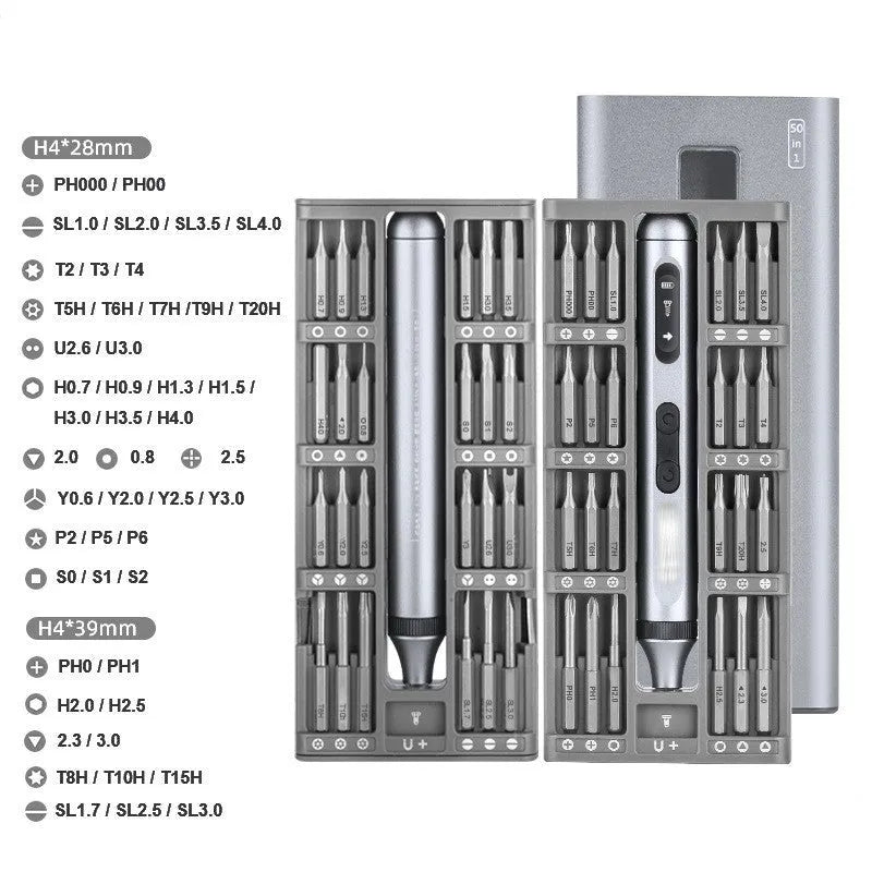 Precision electric screwdriver with aluminium alloy handle, showing compact 134.5mm size.
