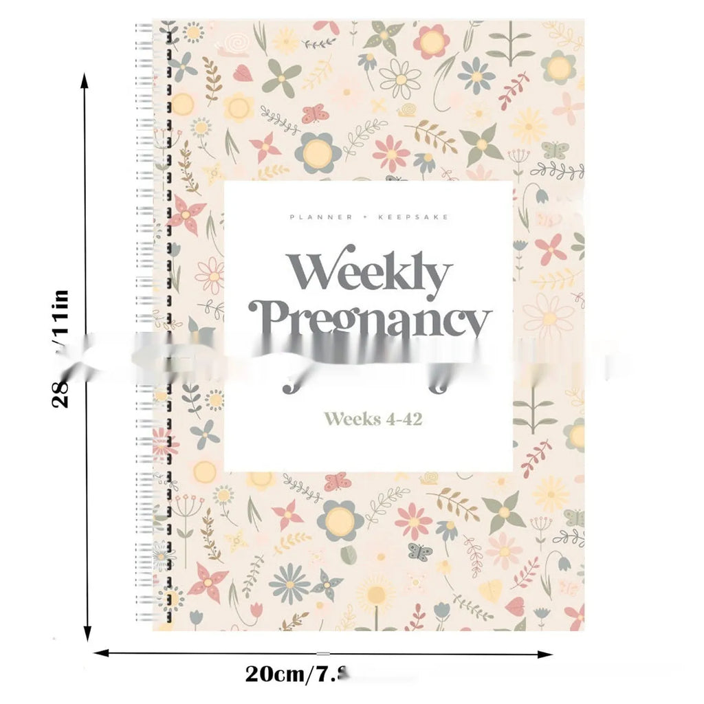 A5 pregnancy weekly diary notebook open showing weekly pregnancy tracking pages