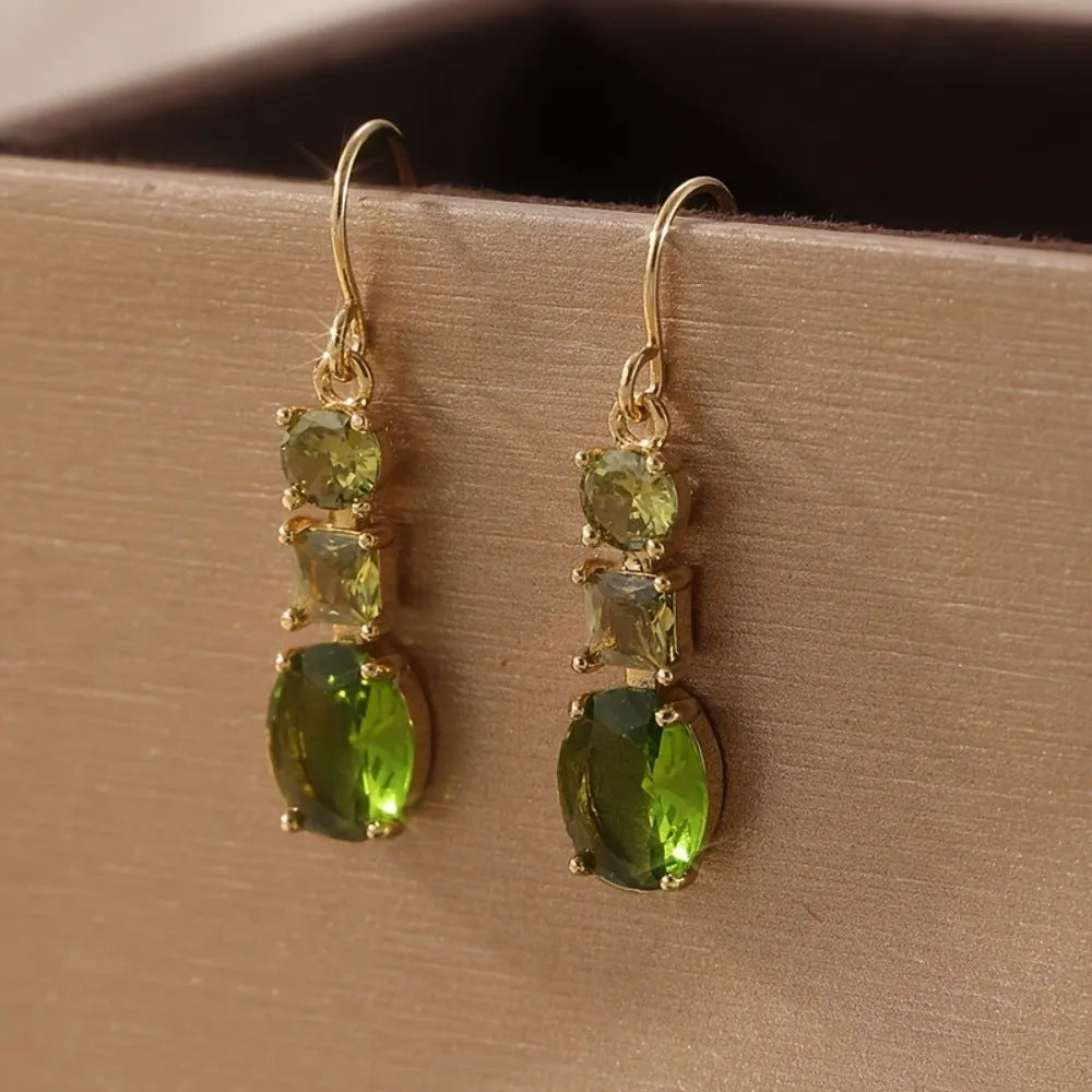 Green geometric copper earrings with quadrilateral shape in retro bohemian style
