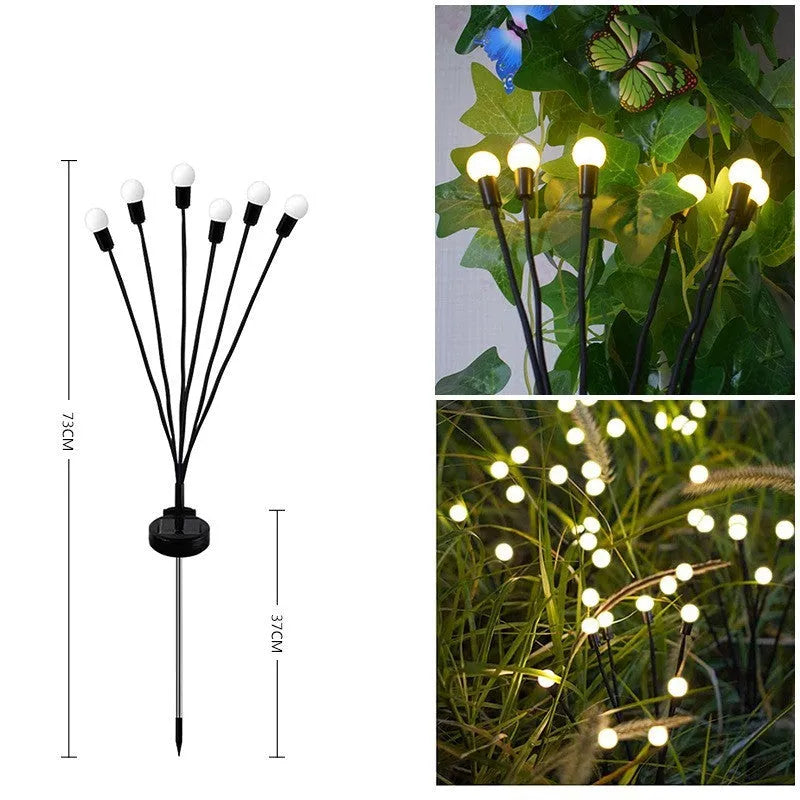 Solar-powered LED firefly ground lamp with multiple light heads for garden pathway illumination