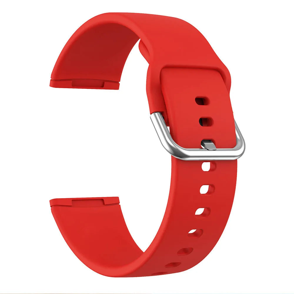 Solid colour silicone replacement strap with silver buckle for Fitbit Versa 3 and Sense 2 smartwatches.