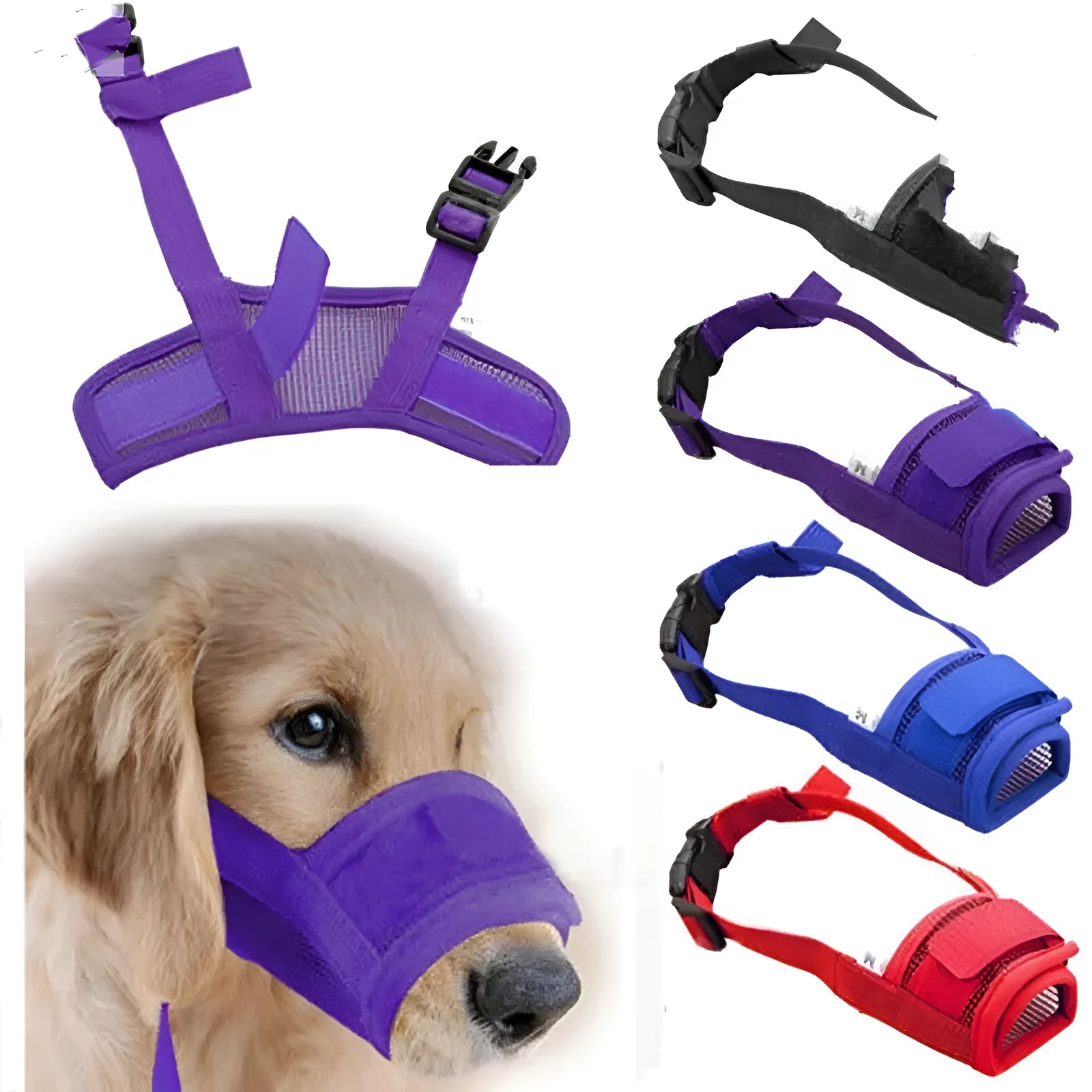 Adjustable plastic dog muzzle in multiple colours for biting and barking control