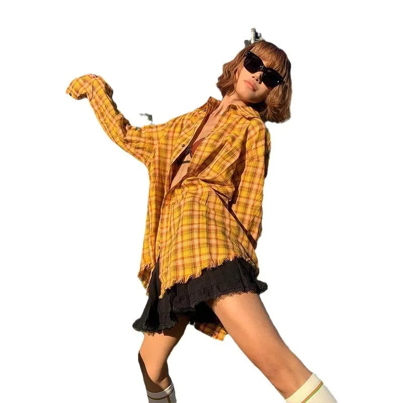 Dopamine yellow plaid shirt loose fit cardigan style chemical fibre blend casual wear