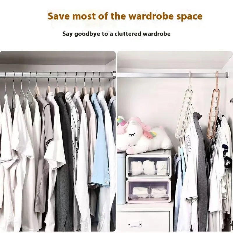 Multifunctional plastic hanger with nine holes for folding trousers, shown in beige