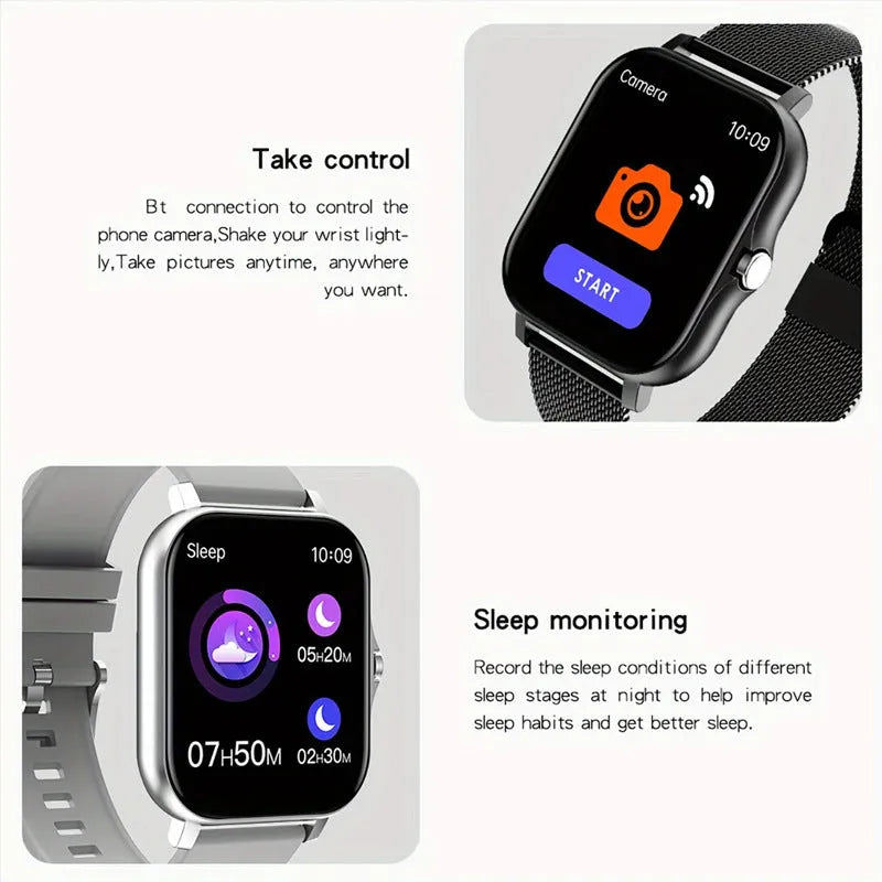 Smart watch with 1.44-inch touch screen showing heart rate and step count display on silicone wrist strap