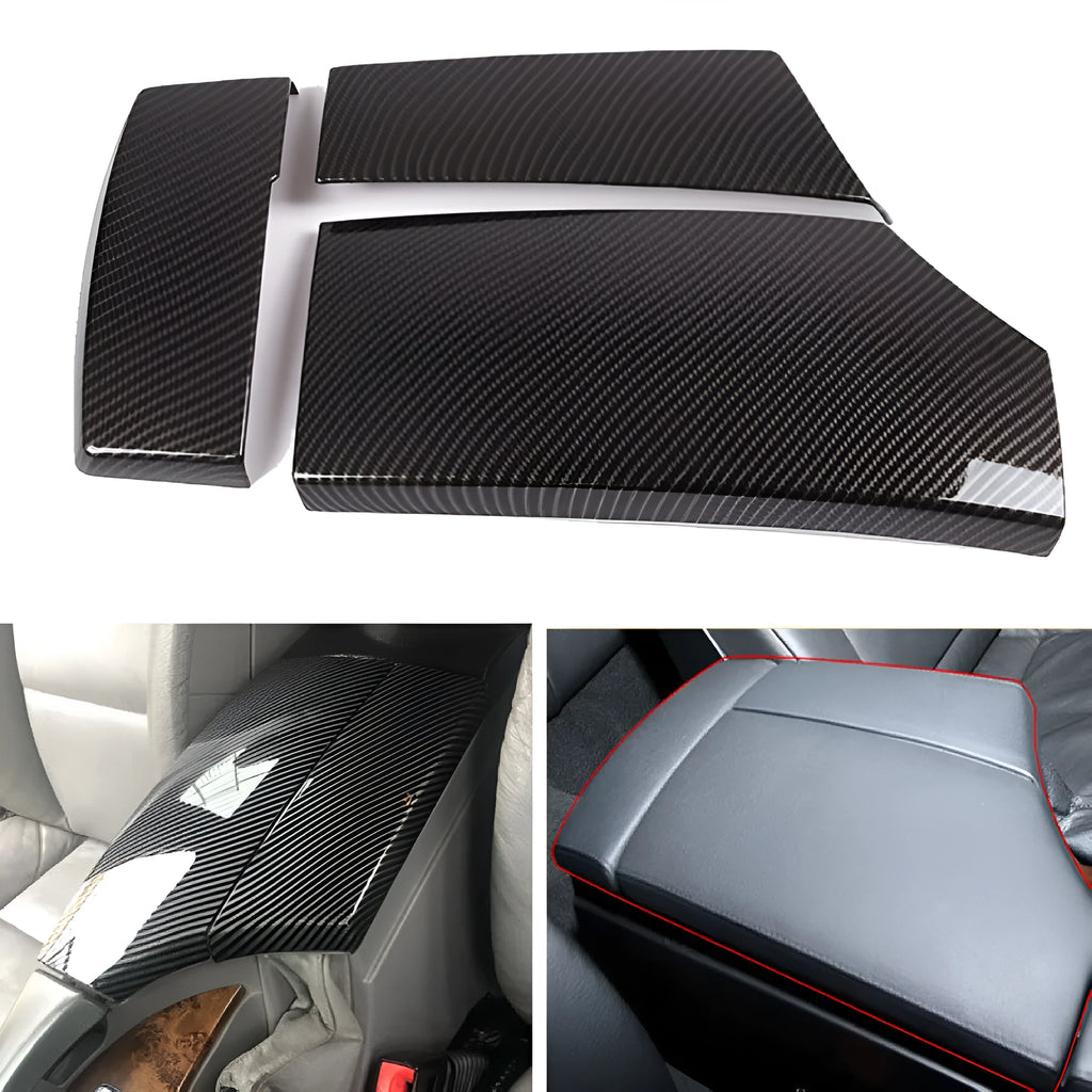 Set of three black ABS armrest box covers with a diagonal carbon fibre pattern and shiny finish.