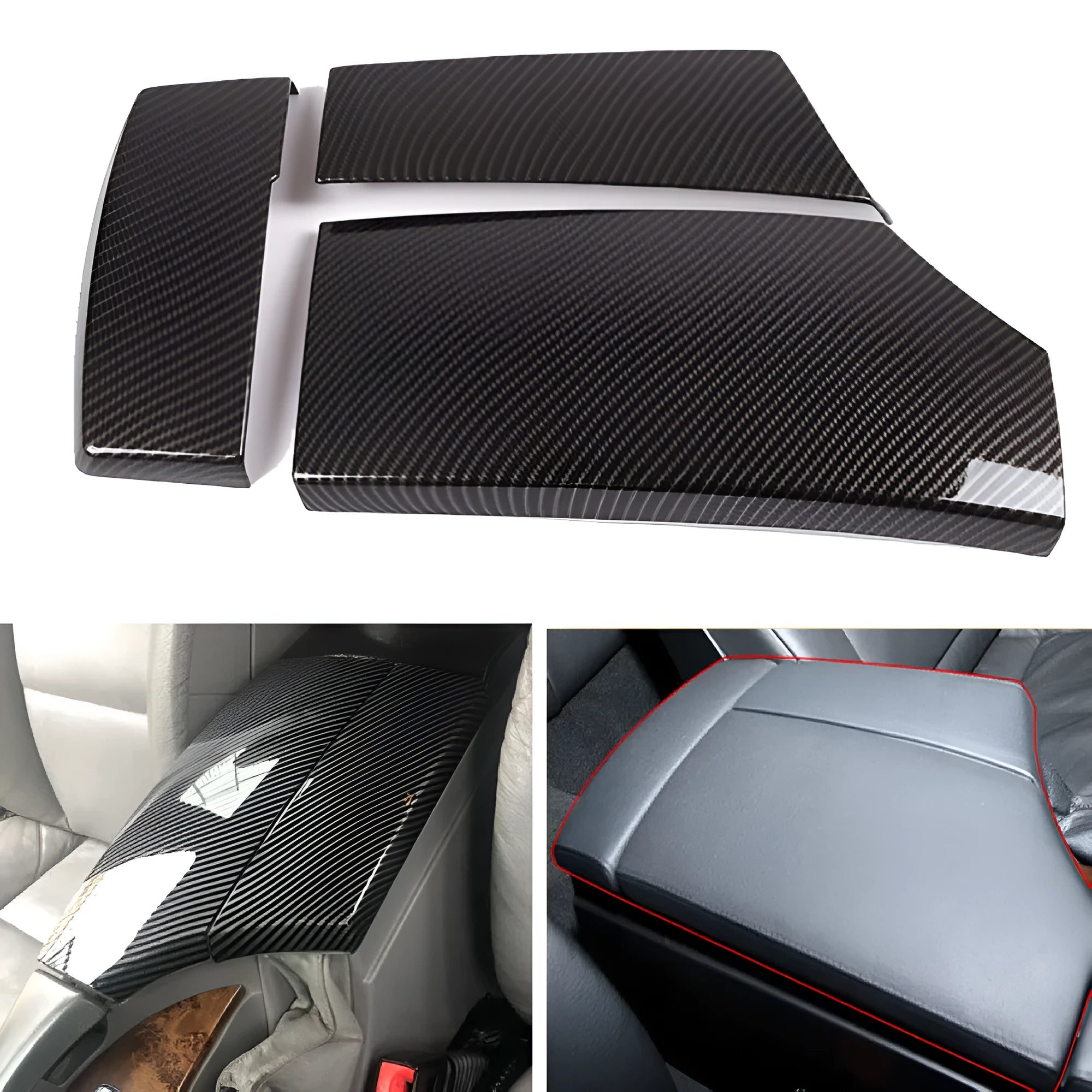 Set of three black ABS armrest box covers with a diagonal carbon fibre pattern and shiny finish.