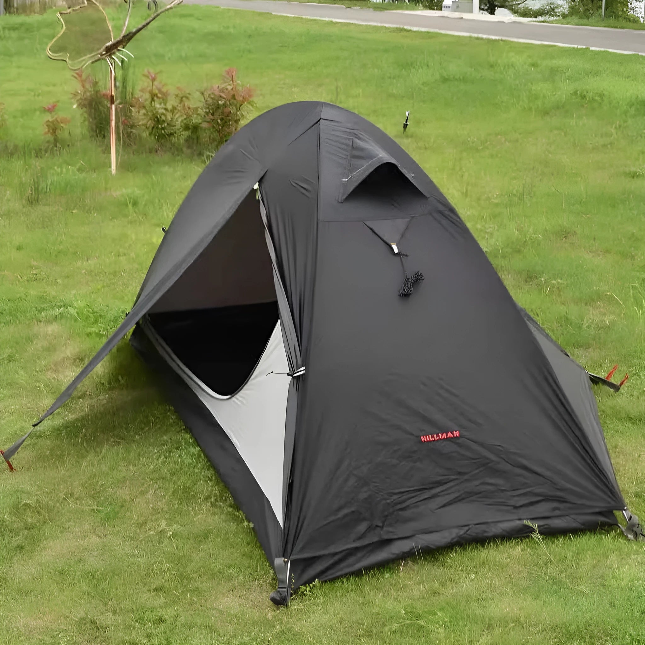 Single person tent with aluminium poles in red, black, or orange colours, showing double account design