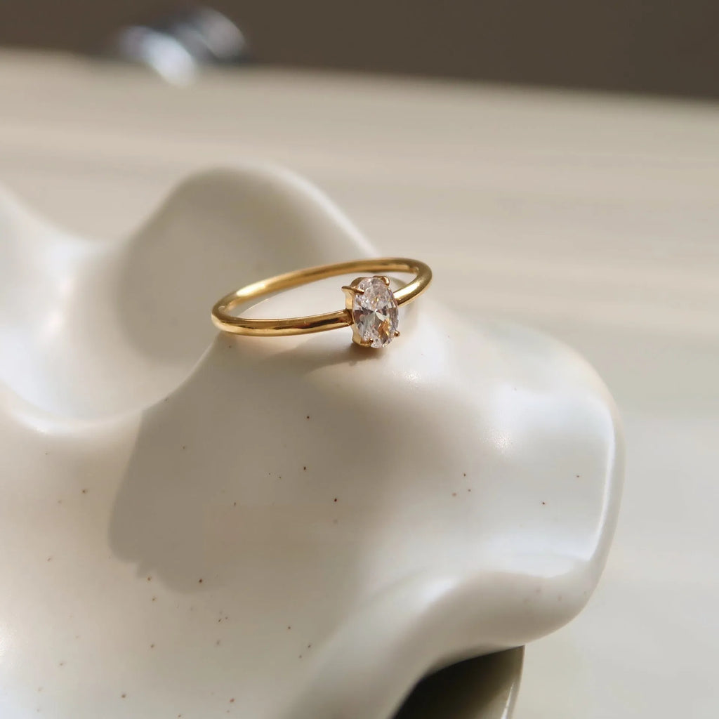 Golden heart-shaped stainless steel ring with electroplated finish shown in sizes 6, 7, and 8