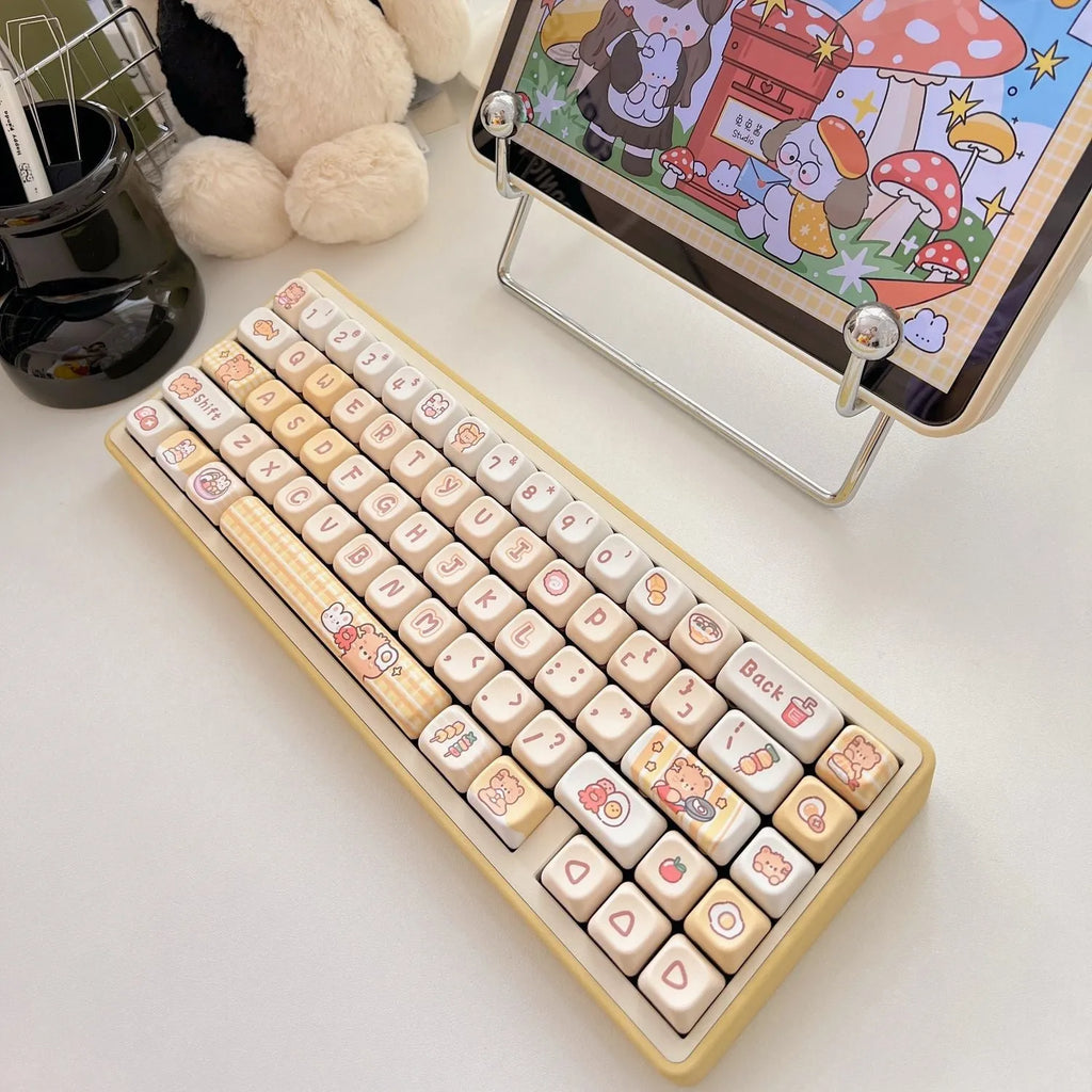 Rabbit Bear Restaurant themed PBT plastic keycap set showing detailed coloured artwork on 140 EOA height keycaps.