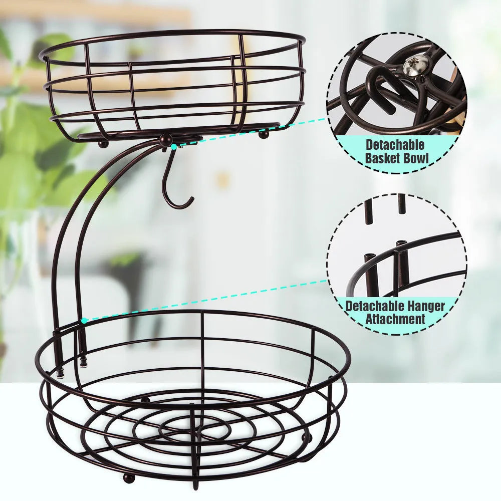 Black wrought iron double-layer fruit basket with open wire construction for air circulation