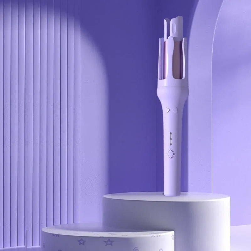 White automatic hair curler with 32mm ceramic barrel and international plug adapters