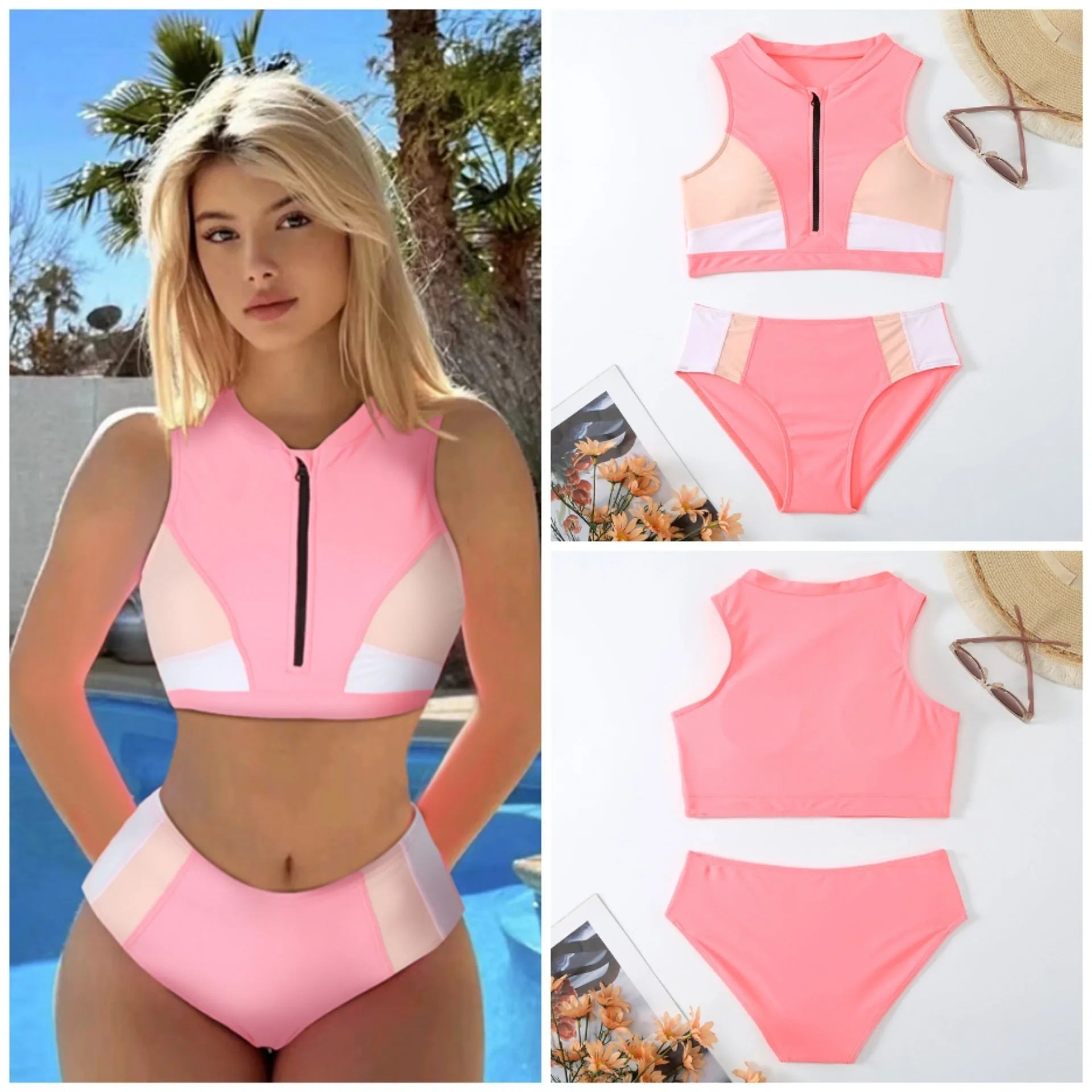 Pink high-waist women's bikini swimsuit with split briefs and mesh lining.