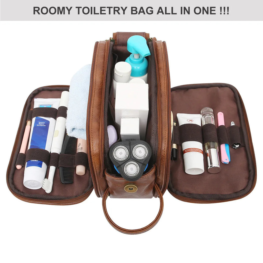 Black and brown solid colour men's PU toiletry bag for travel storage