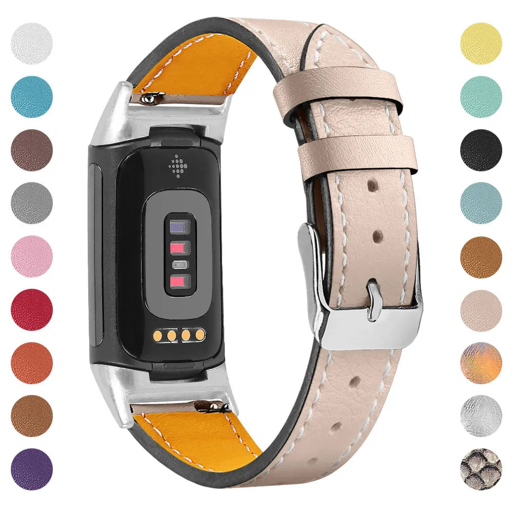 Genuine cowhide leather replacement strap for Fitbit Charge 5 and Charge 6 smartwatch in multiple colours.