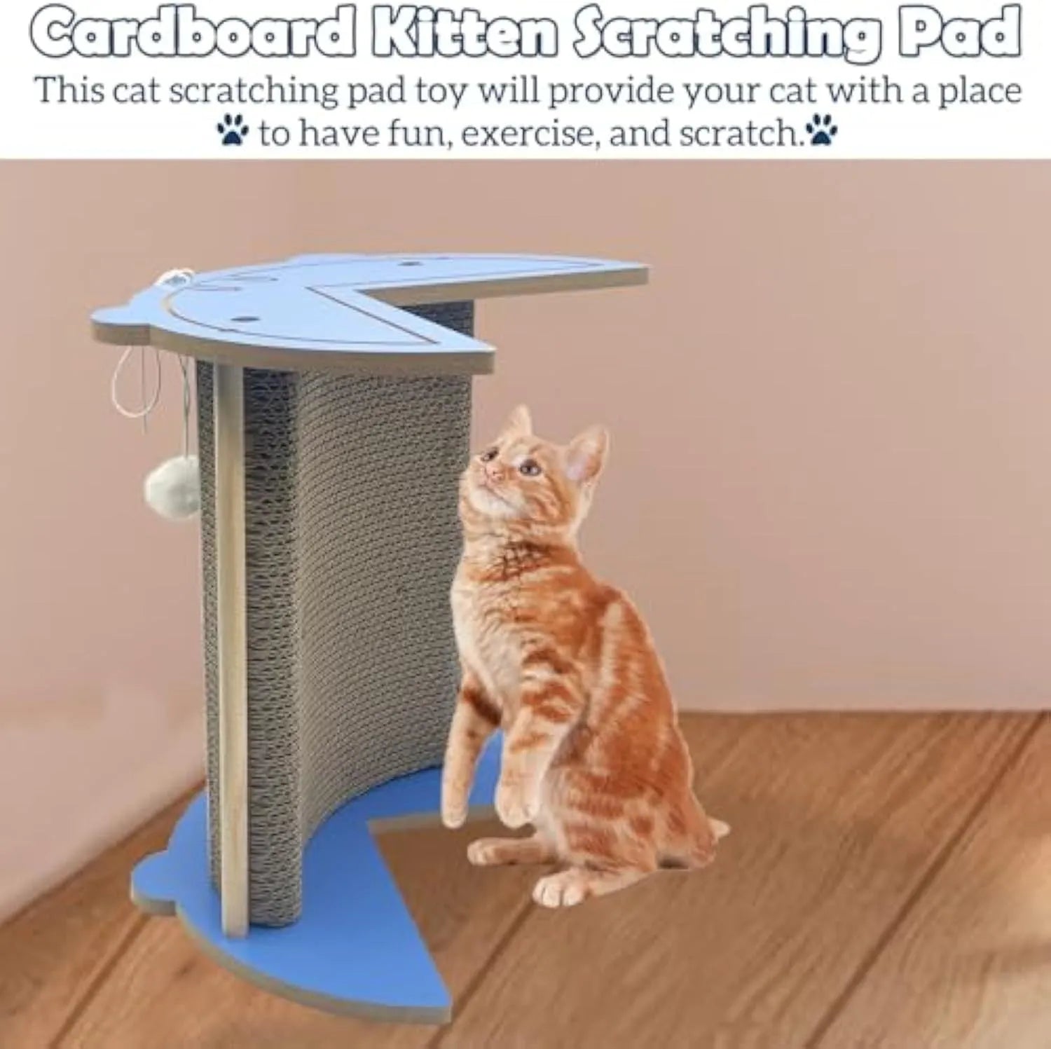Grey cat corner scratcher with hanging ball mounted in a room corner.