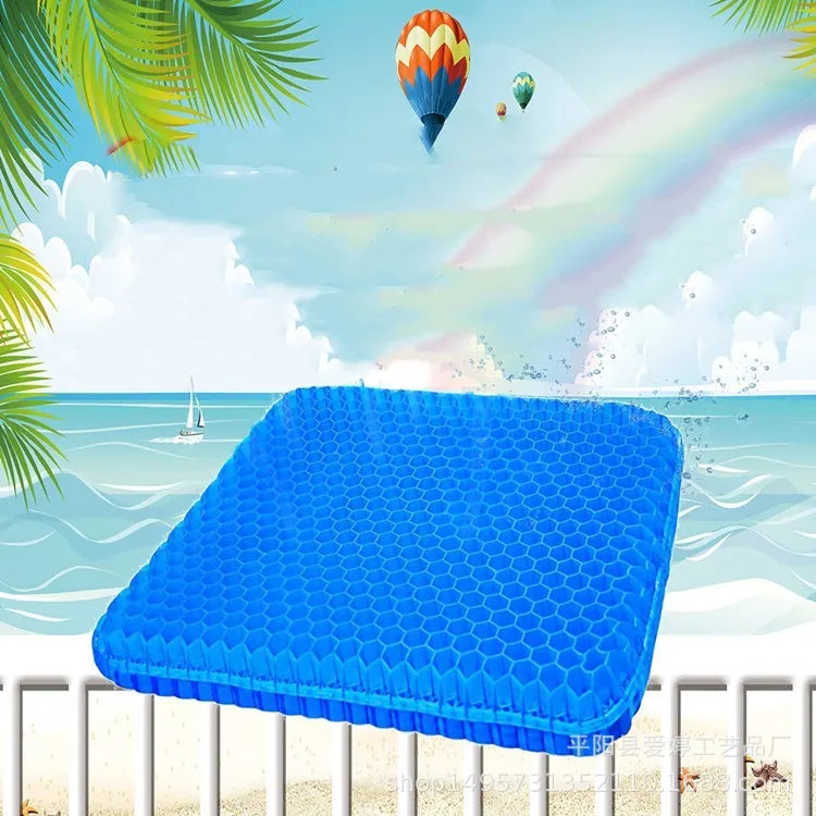 Blue breathable honeycomb gel seat cushion with double-thick construction showing removable cover
