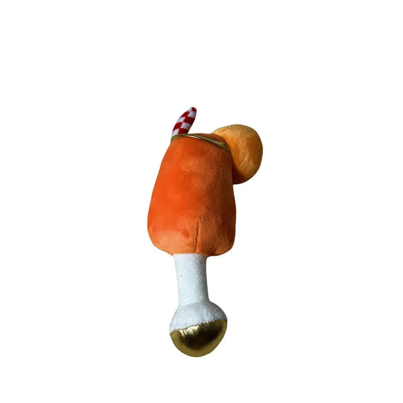 Yellow plush beer bottle squeaky dog toy with a dental cleaning feature.