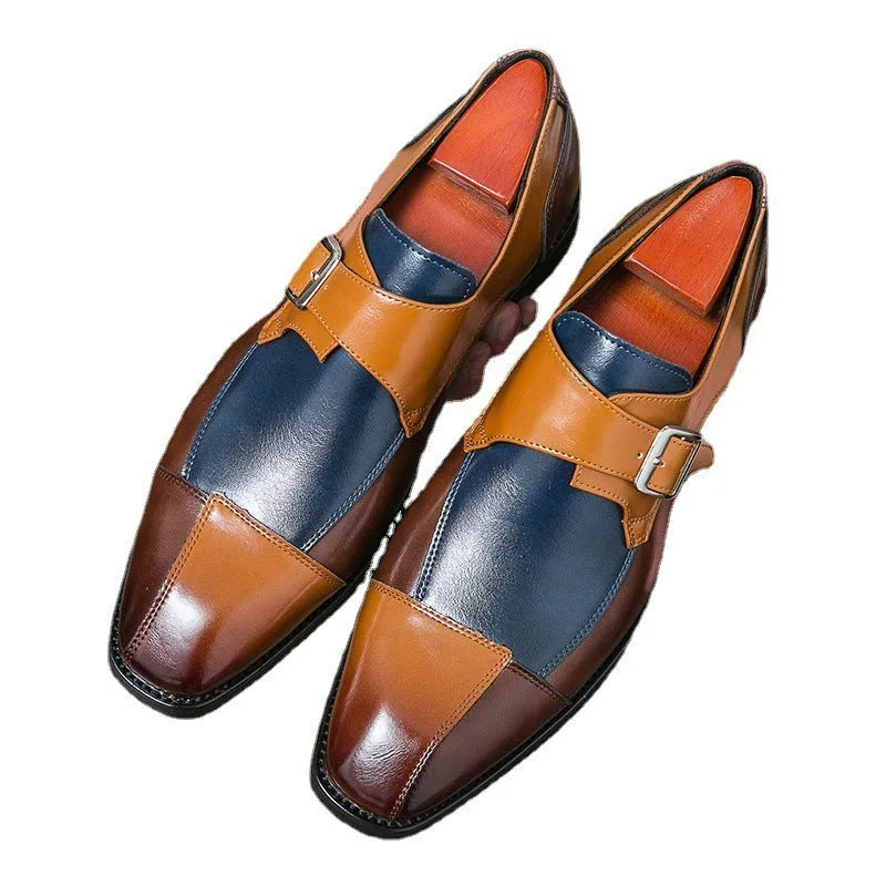 Men's brown blue retro buckle casual shoes with microfiber upper and adjustable closure