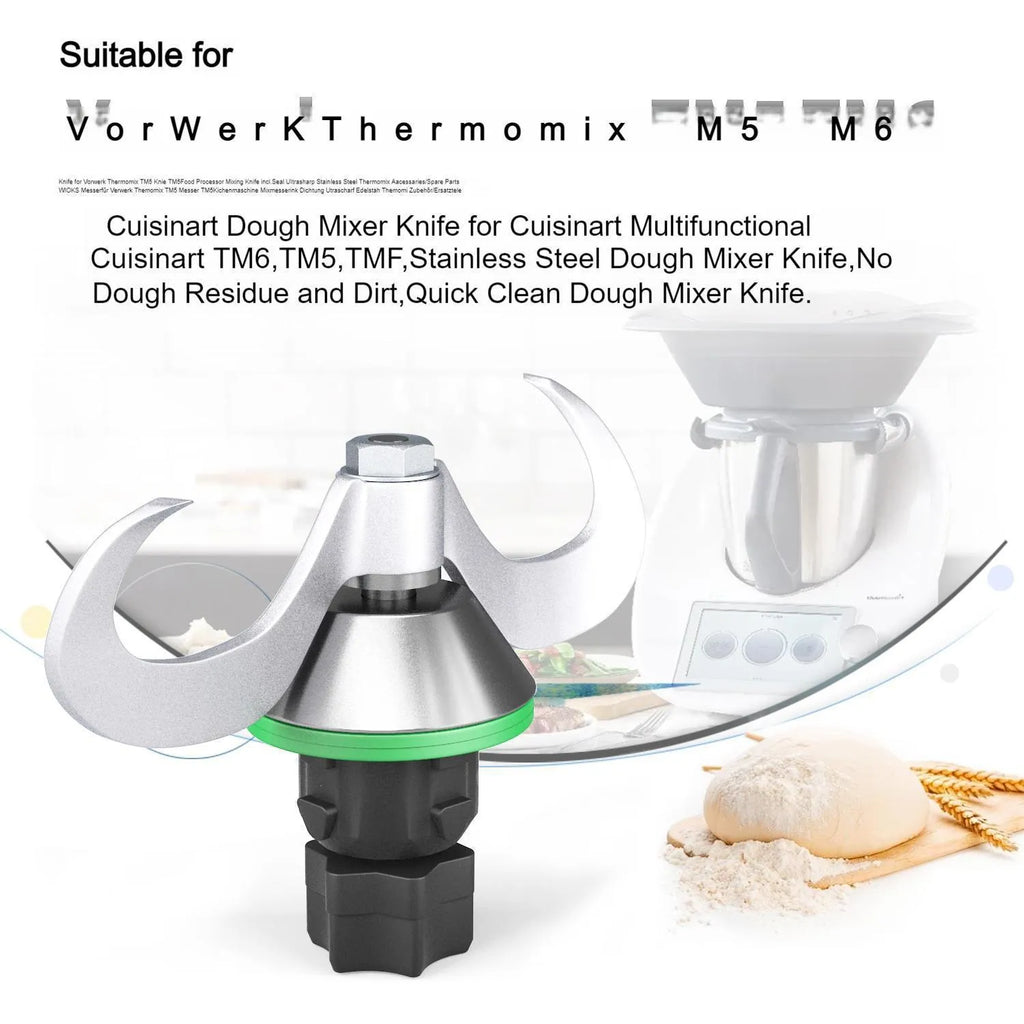Stainless steel dough knife with ceramic blade for Thermomix TM6 and TM5 food processors.