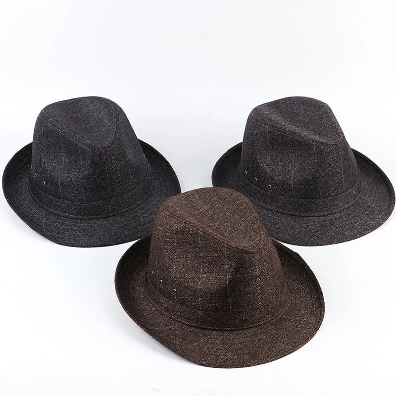 Men's thickened suit material fedora hat shown in multiple colours including black, navy blue, and hemp beige