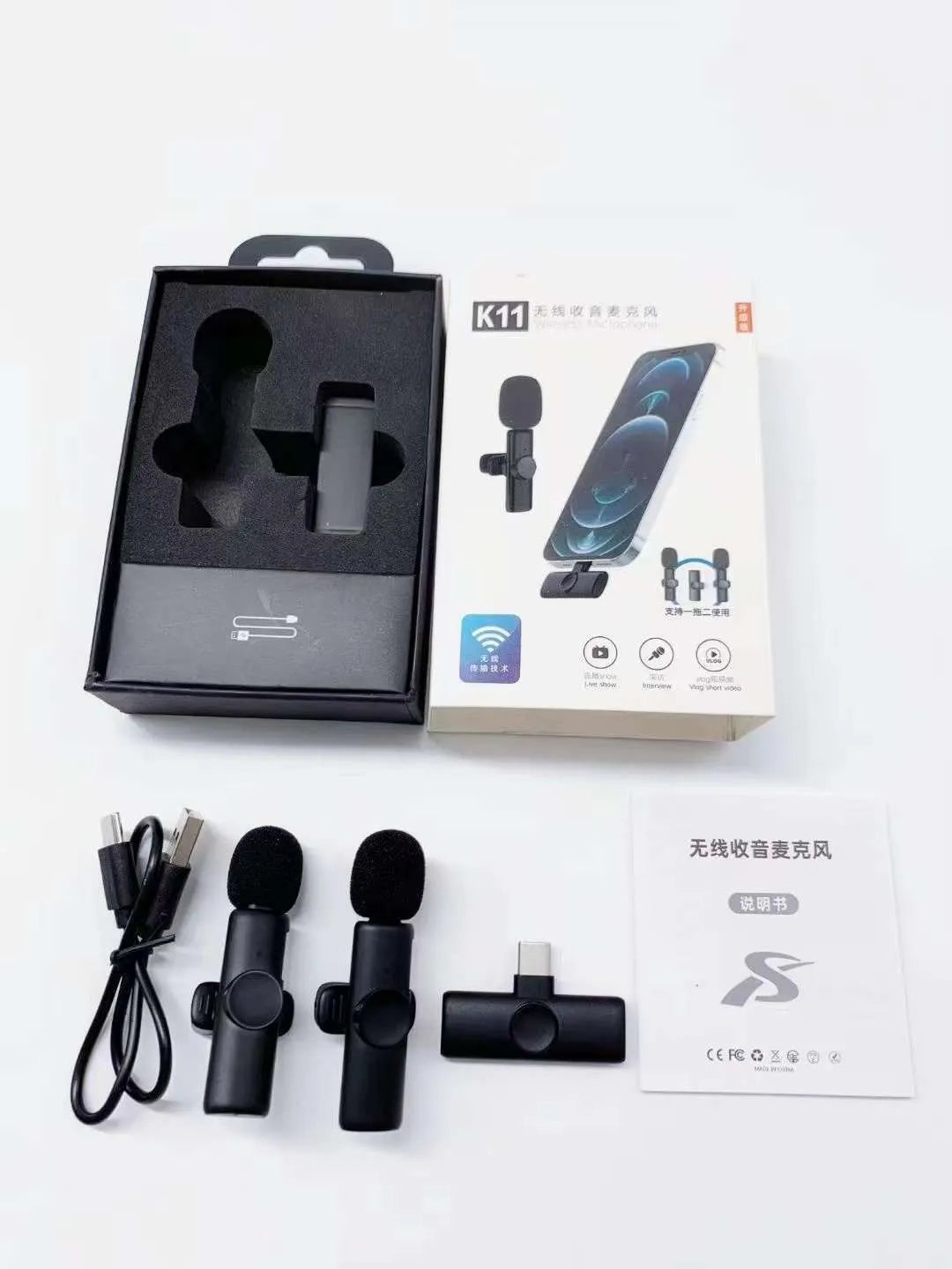 Wireless collar clip microphone for smartphones, showing clip design and available connection options.