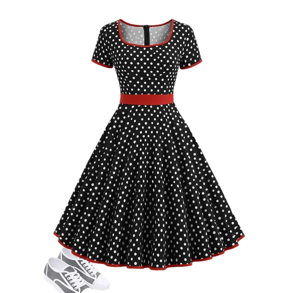 Women's multicolor polka dot dress with square collar, short sleeves, front zipper, and pleated mid-length skirt.