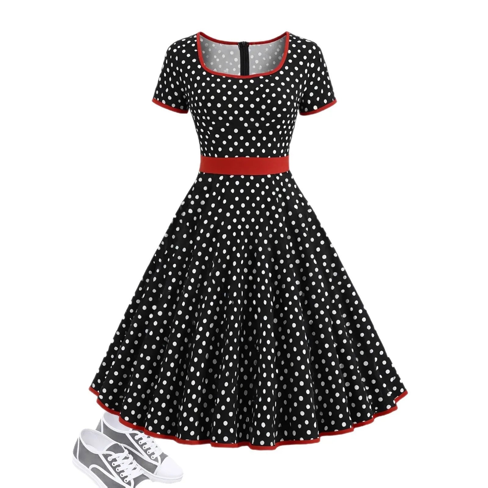 Women's multicolor polka dot dress with square collar, short sleeves, front zipper, and pleated mid-length skirt.