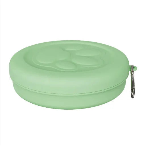 Collapsible portable dog bowl in light pink and green colour options showing folded and unfolded positions