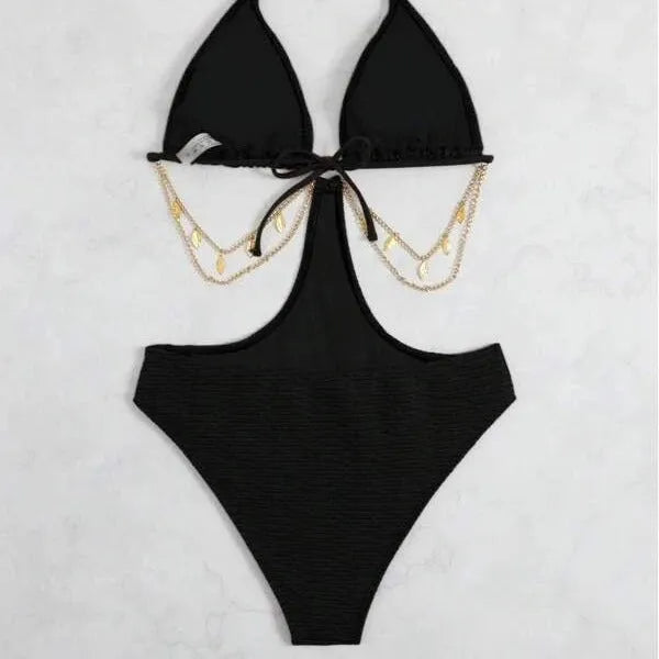 Women's black chain detail bikini swimsuit with sleeveless polyester construction
