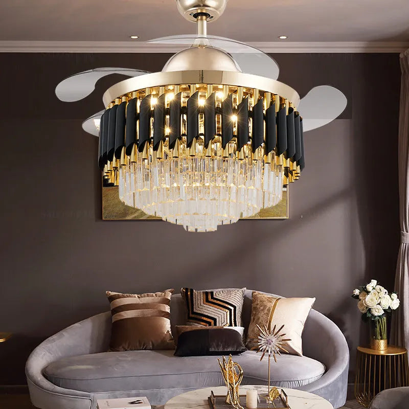 LED frequency conversion fan light crystal chandelier with remote control in living room setting
