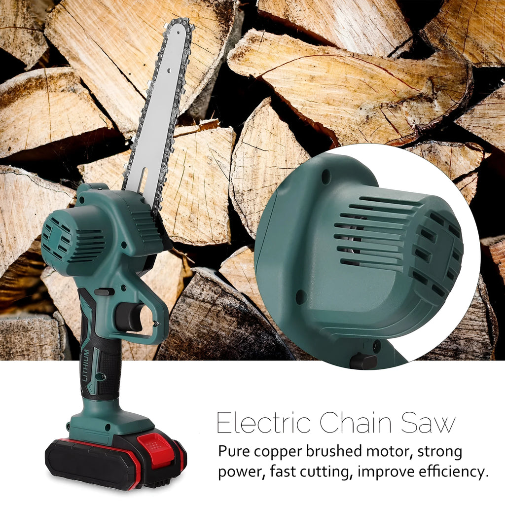 Black and green mini electric chainsaw with 4-inch bar held in one hand.