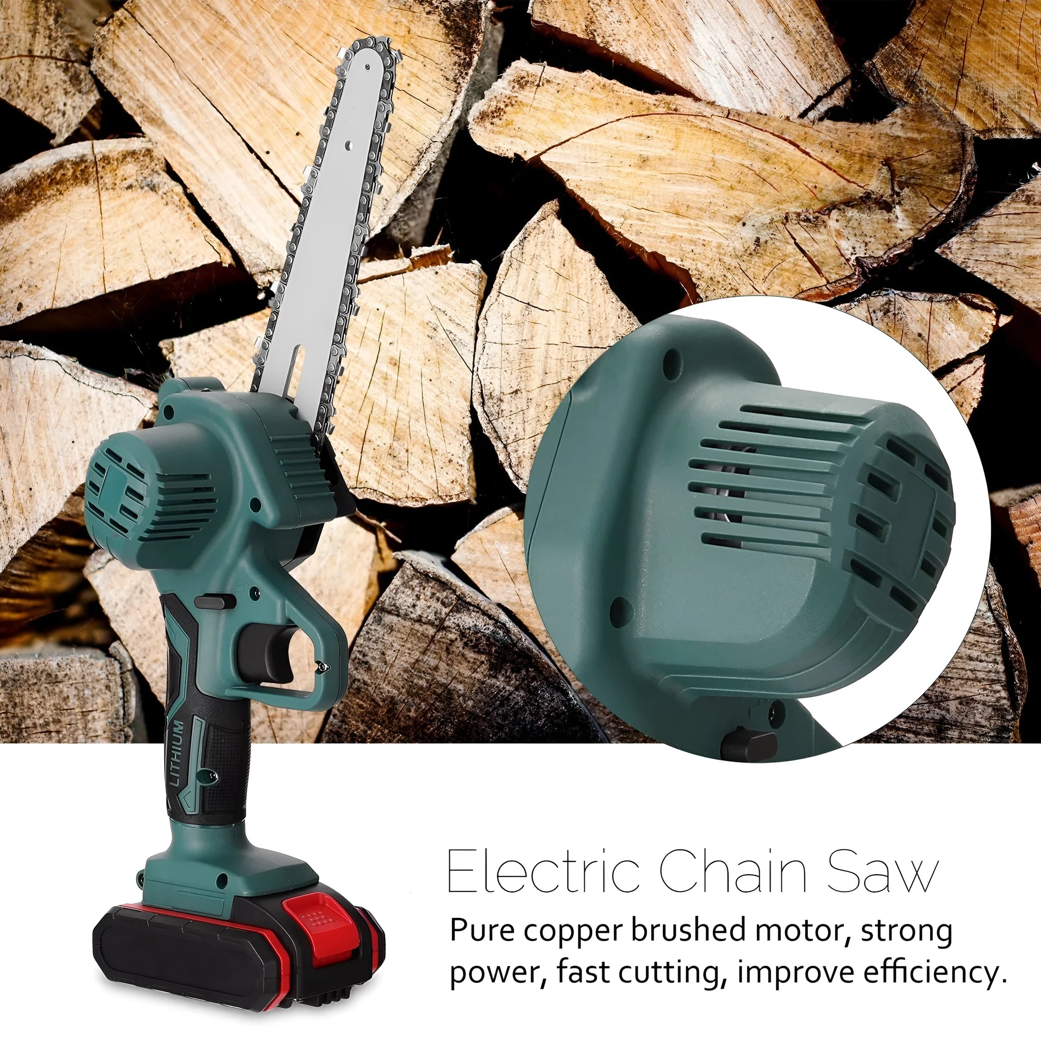 Black and green mini electric chainsaw with 4-inch bar held in one hand.