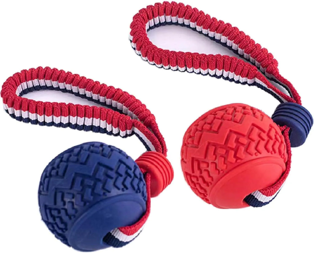 Blue dog ball with rope toy showing textured rubber surface and rope handle for tug-of-war games
