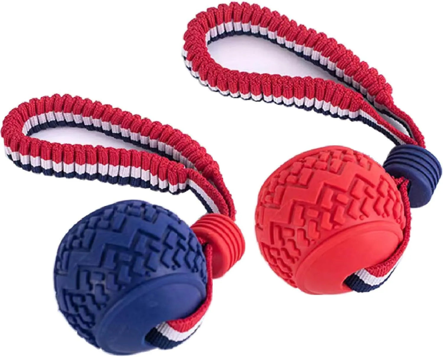 Blue dog ball with rope toy showing textured rubber surface and rope handle for tug-of-war games
