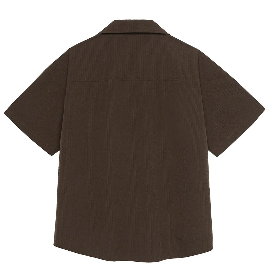 Brown coffee colour striped Cuban collar short sleeve shirt for outdoor waterproof wear