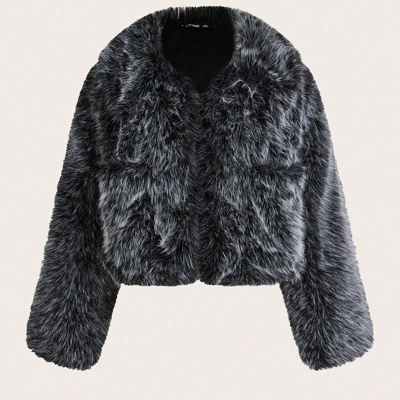 Women's short length artificial fur coat with a fur collar in a black tip on black background colour.