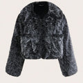Women's short length artificial fur coat with a fur collar in a black tip on black background colour.