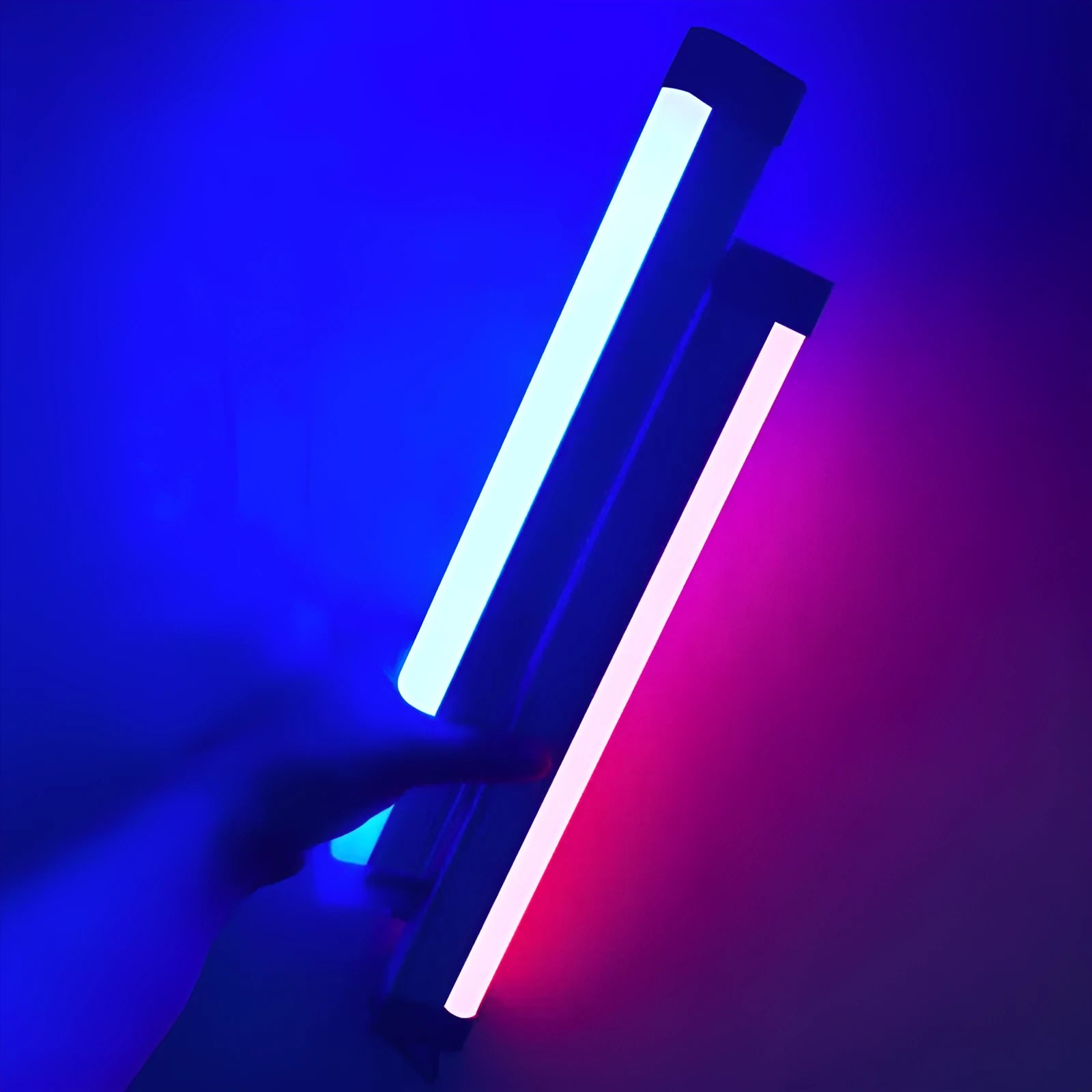 Rechargeable dimmable LED tube light in blue or purple colour showing 17cm, 32cm, and 52cm size options.