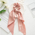 Spring dark green cloth hair band with large intestine ring shape and long ribbon for ponytail or headwear.
