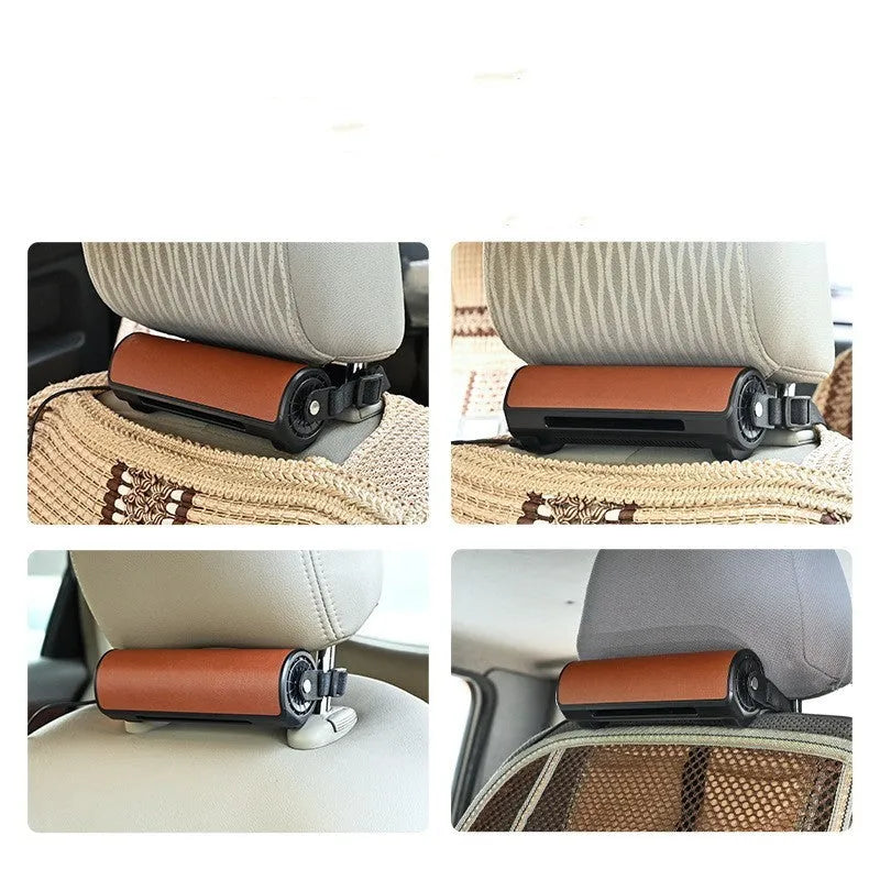 Bladeless car mounted fan with USB power cable and three speed buttons in compact black housing
